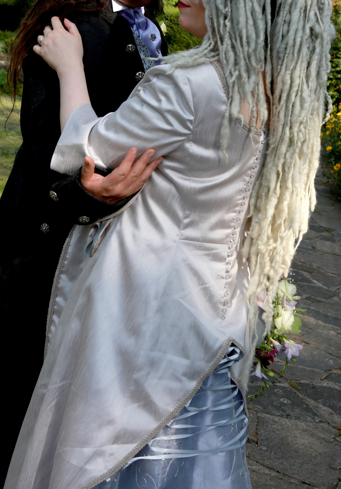 Long-pale-grey-silver-train-medieval-wedding-dress-back-detail