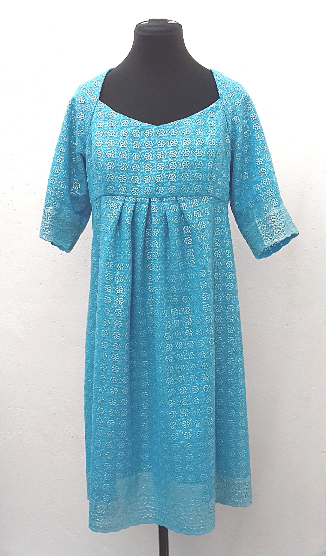 Calf-length-sky-blue-floral-embroidered-sheer-empire-line-mid-sleeved-dress